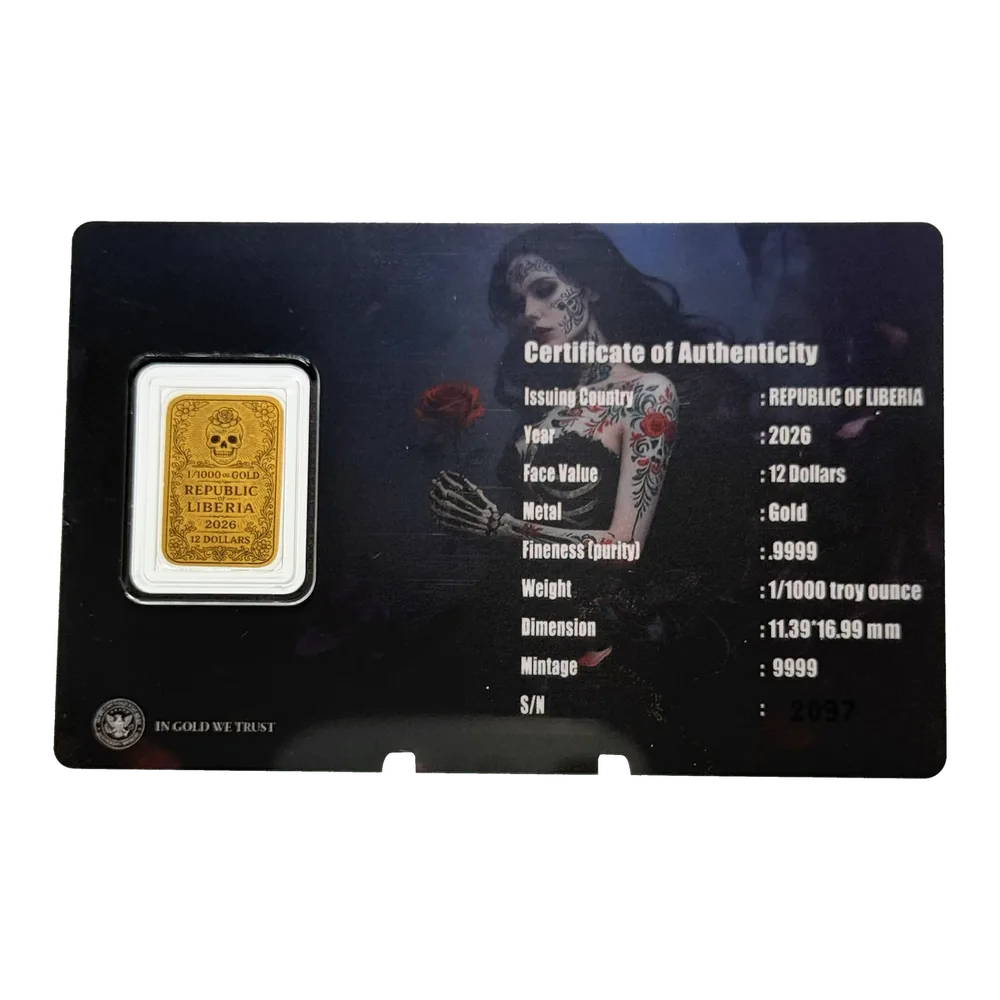 2026 Liberia Dia De Los Muertos Roses 1/1000 oz Gold Coin