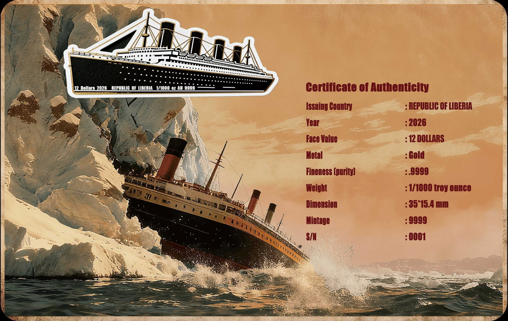 2026 Liberia RMS Titanic 1/1000 oz Gold Coin